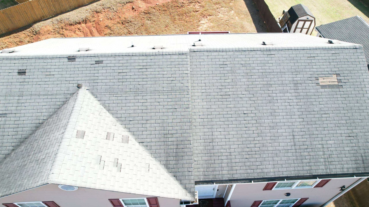A view from above showing localized differences in roof shingles.